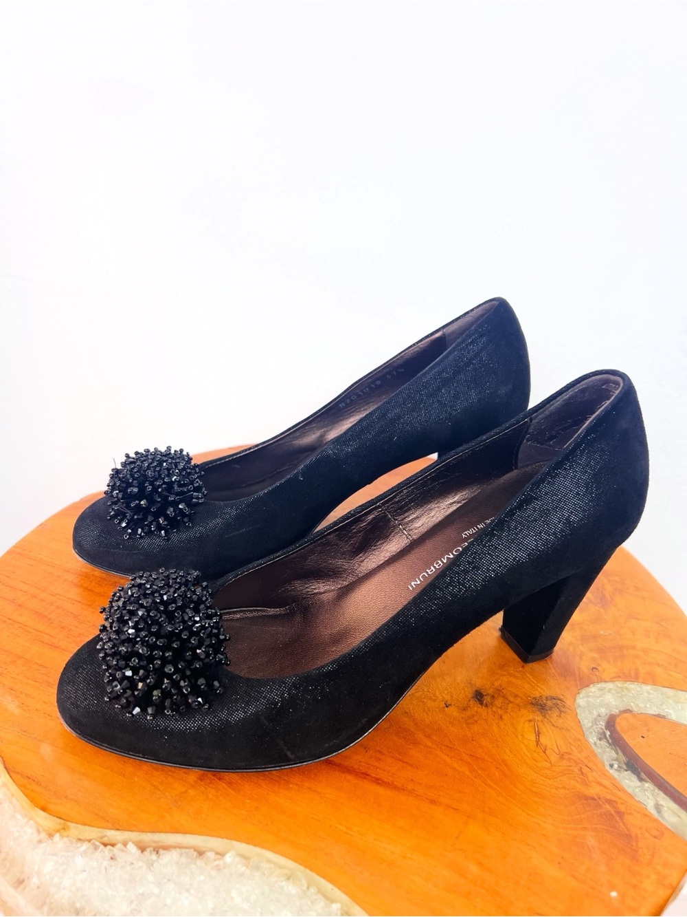 AGL Classic Black Beaded Pom-Pom Shimmering Women’s Pumps High Heels 7.5